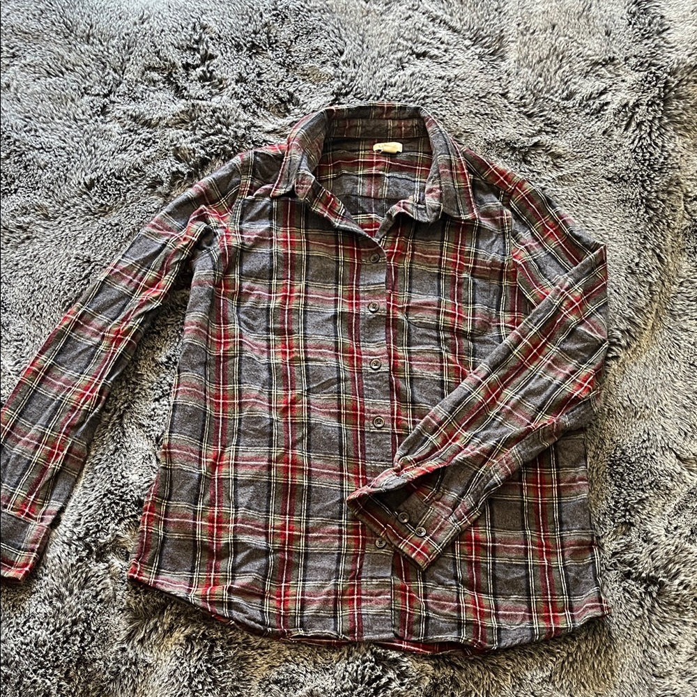 L.L. Bean Gray and Red Plaid Button Down Shirt